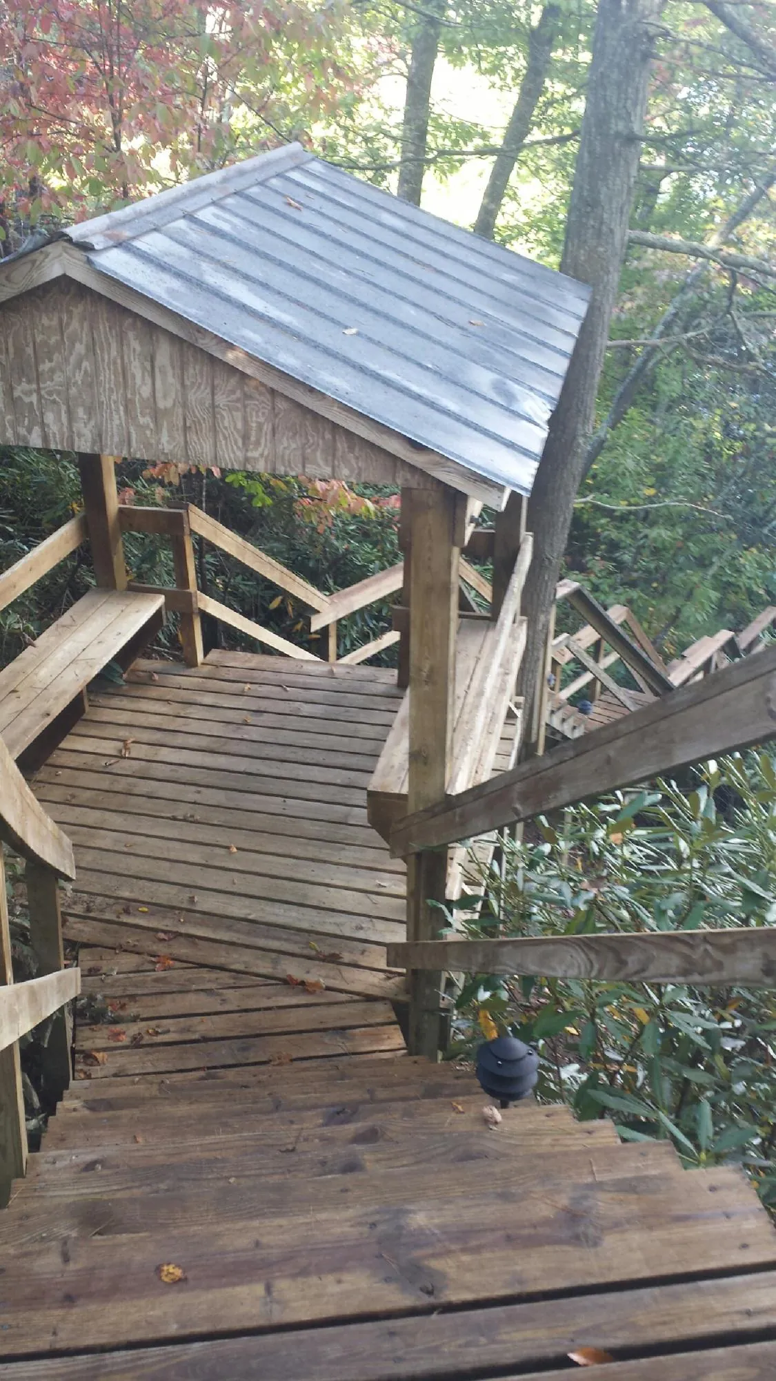 Metal roofed shelter over wooden steps on a wooded walkway — Skylight Repair & Installation work by our crew in Willseyville